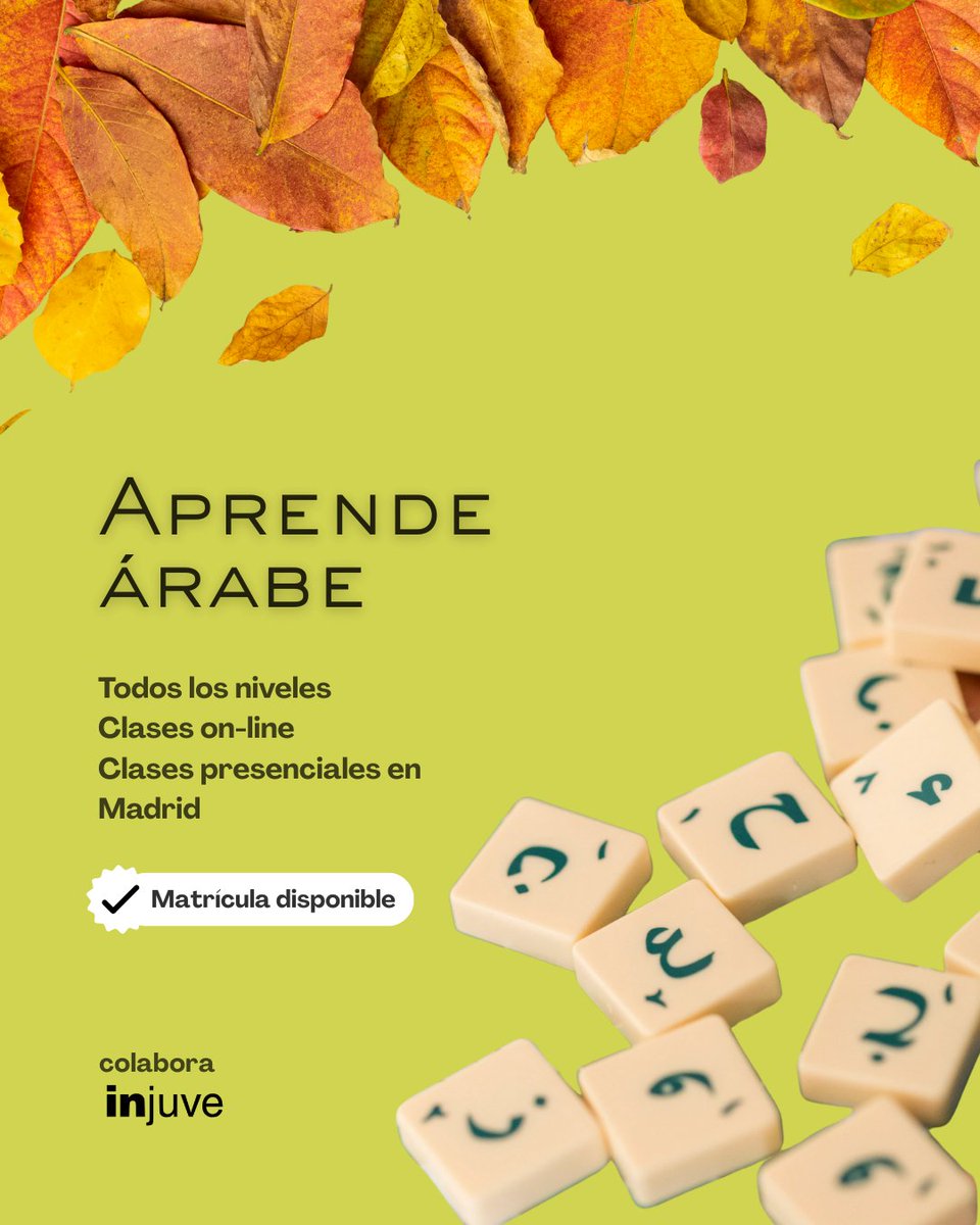 ‼️Plazas disponibles para los cursos trimestrales de árabe. Tienes hasta el 15 de septiembre para apuntarte:
🗣️Todos los niveles
✨On-line y presencial en Madrid 
🤸Todos los niveles
🎓 Descuento con tu carnet <a href="/InjuveSpain/">Injuve</a>

Inscríbete ya en casaarabe.es/eventos-arabes…