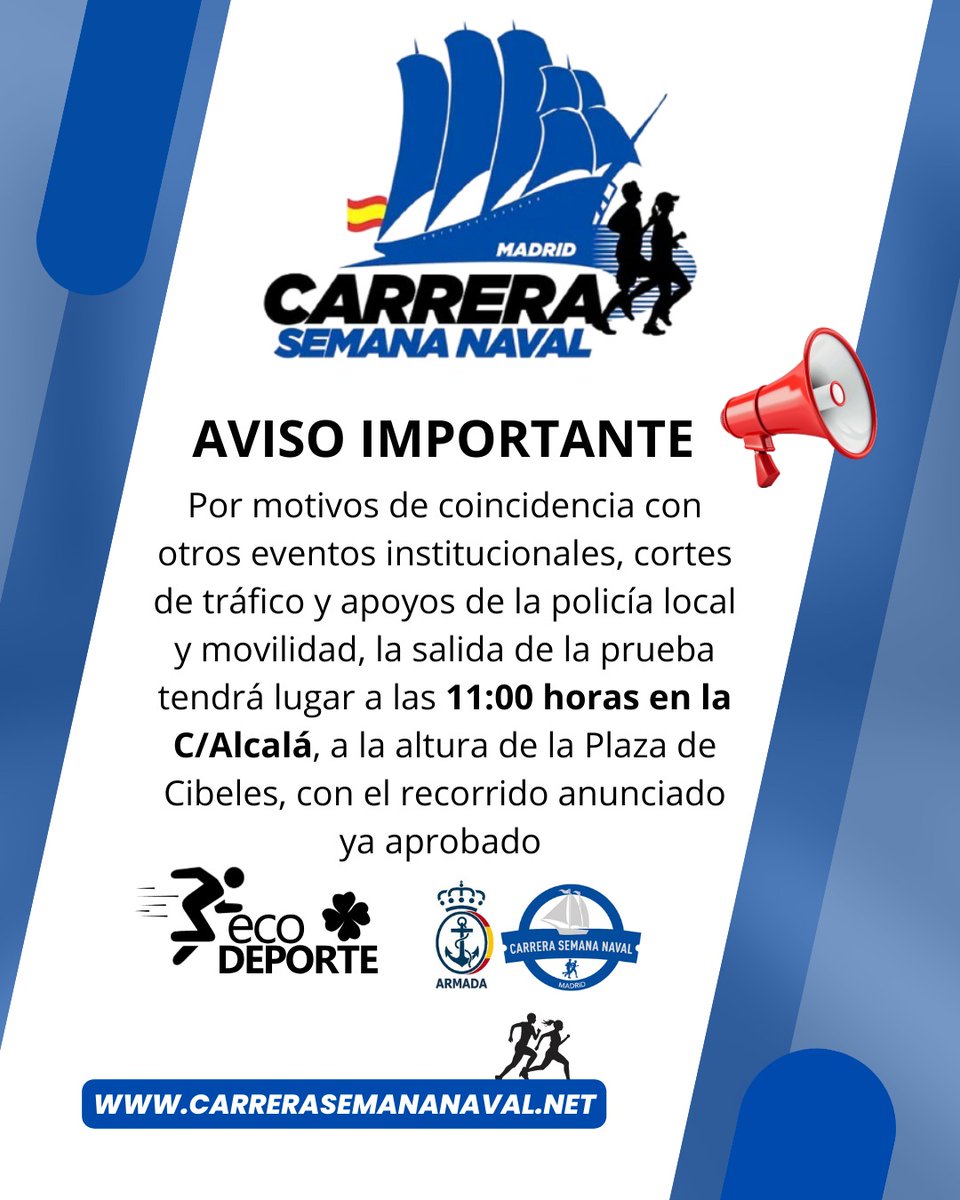 Aviso importante 📣: La carrera comenzará a las 11:00 de la mañana en la calle Alcalá

Para más información ➡️ carrerasemananaval.net

#ecodeporte #carrerasemananaval #deporte #madrid #carrera #armada