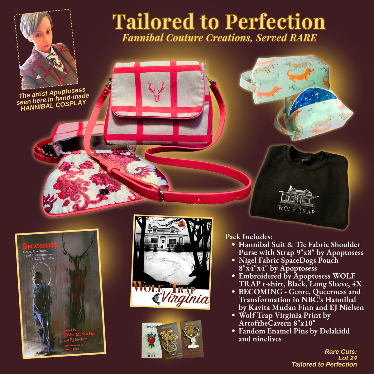 FannibalFest's tweet photo. 🩸🔪Rare Cuts Preview

🪡🧵Lot 24: Tailored to Perfection Fannibal couture purse, pouch, tee + more

📖🎨Lot 21: Radiance Anthology compiled by Romina Nikolić &amp; Germaine Bierbaum + extras!

Auction opens 9/14🖤

#RareCuts #RareCutsAuction #FannibalFest #Hannibal10 #SaveHannibal https://t.co/yke7BPeFxw