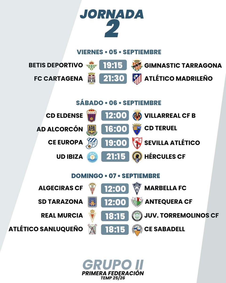 Jornada 2
Grupo II
#PrimeraFederacion

Hoy da el pistoletazo de salida la Jornada 2 con dos PAR-TI-DA-ZOS

• Betis Deportivo : Nastic Tarragona
• FC Cartagena : Atlético Madrileño

Más todos los partidos del finde. Cuál vas a ver?