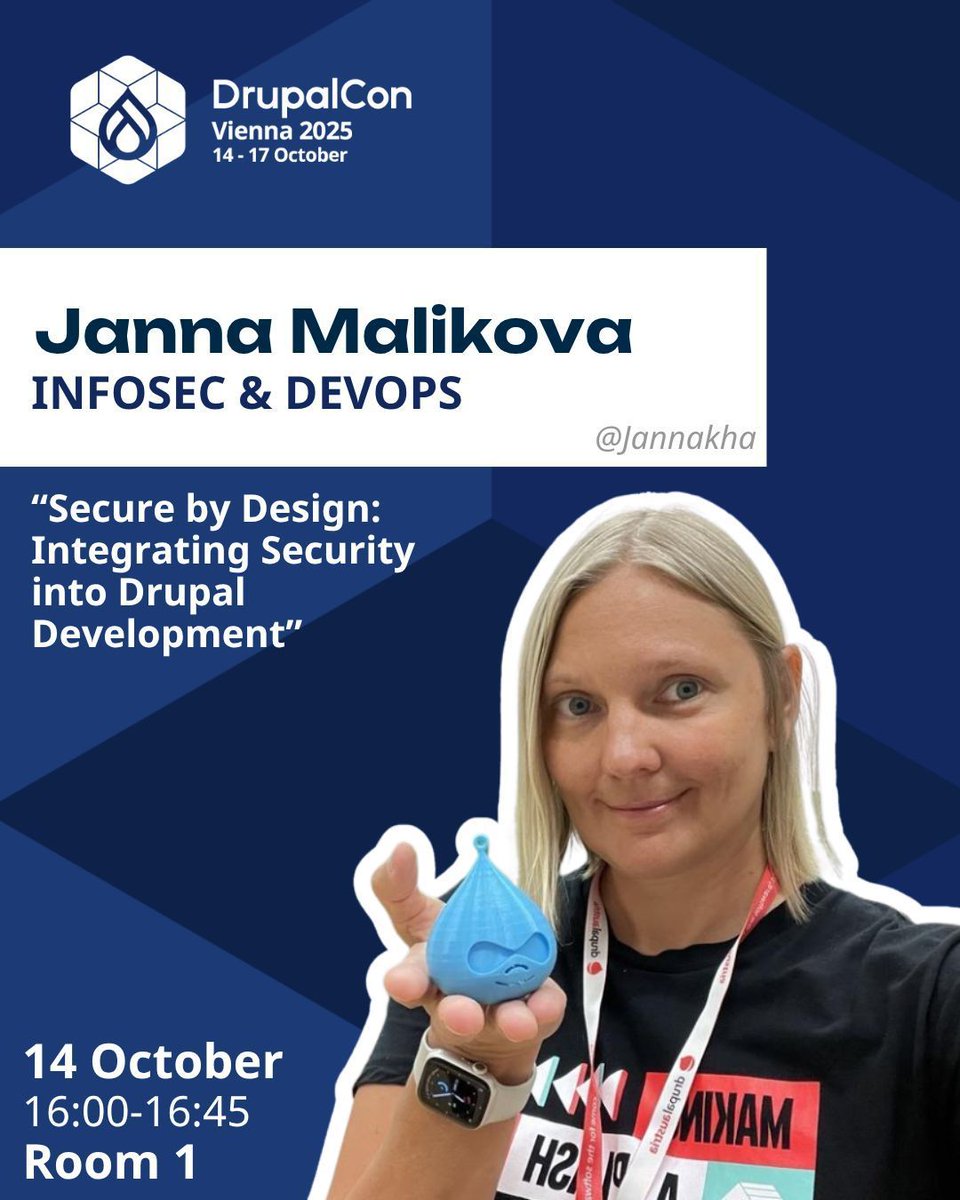 DrupalConEur's tweet image. Janna Malikova takes the stage at #DrupalConVienna 2025 as a featured speaker in the InfoSec & DevOps track on 14 October with session “Secure by Design: Integrating Security into Drupal Development” .
👉 buff.ly/CRlw6GM
#DrupalConEur #DrupalSecurity #DevOps