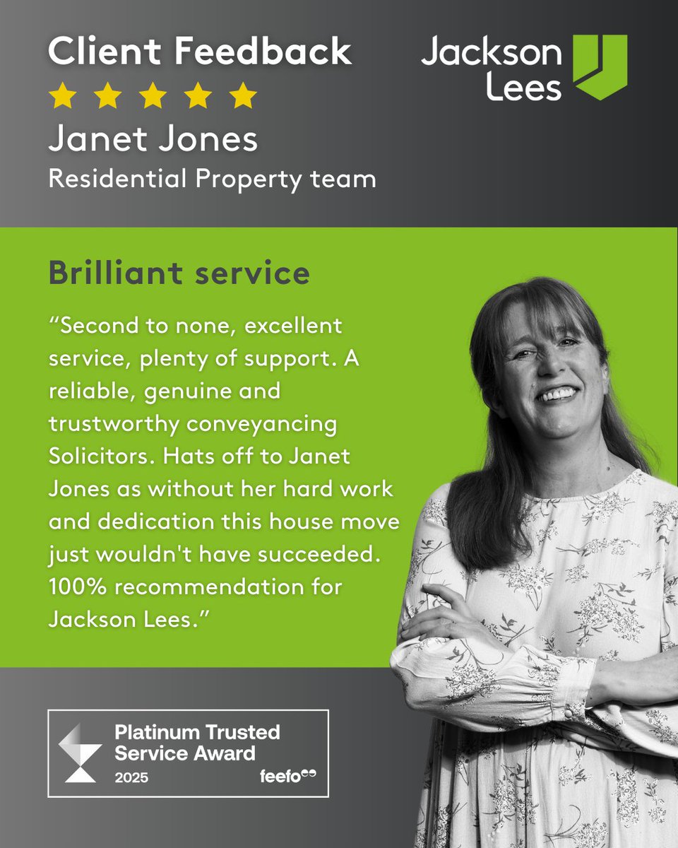🏡 Huge shoutout to Janet Jones from our Residential Property team! Her “brilliant service” and “hard work” made a client’s house move a success. 100% recommended!👏

Need expert help buying or selling? We’ve got you: ow.ly/PfcV50WMSMg

#FeedbackFriday #JacksonLees