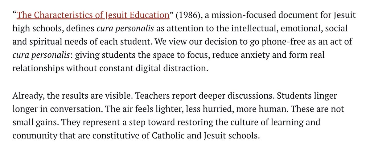 JonHaidt's tweet image. Religious schools are noticing additional benefits to going phone-free: spiritual development. Developing the habit of treating others with dignity requires being fully present with them. Phones in pockets block that
americamagazine.org/jesuit-school-…