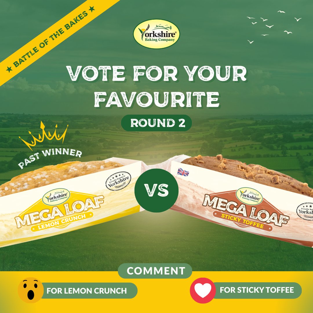 YorkshireBaking's tweet photo. Battle of the Bakes: Round 2! 🍰

It was close, but you picked Lemon Crunch as your winner last time.

With a new contender, which Mega Loaf are you choosing?

Comment 😮 for Lemon Crunch or ❤️ for Sticky Toffee

#battleofthebakes #megaloaf #yorkshire #sweettreats #cakelovers https://t.co/a0PO1yQYJu