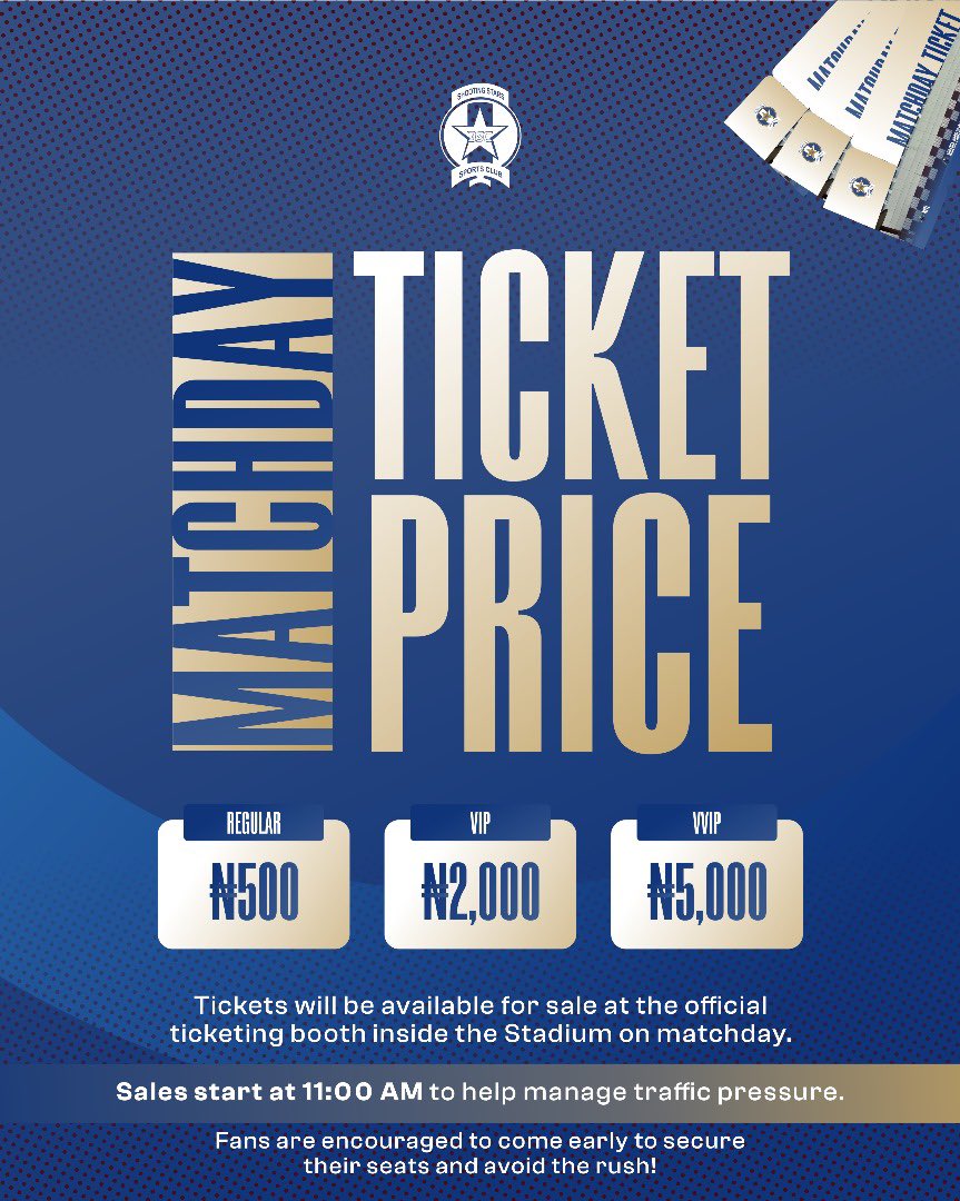 🎟 MATCHDAY TICKETS

Regular: ₦500
VIP: ₦2,000
VVIP: ₦5,000

📍 Sales start at 11 AM on matchday at the stadium ticketing booths.

Come early, secure your seat, and avoid the rush!

 #SHOIKC | #NPFL26