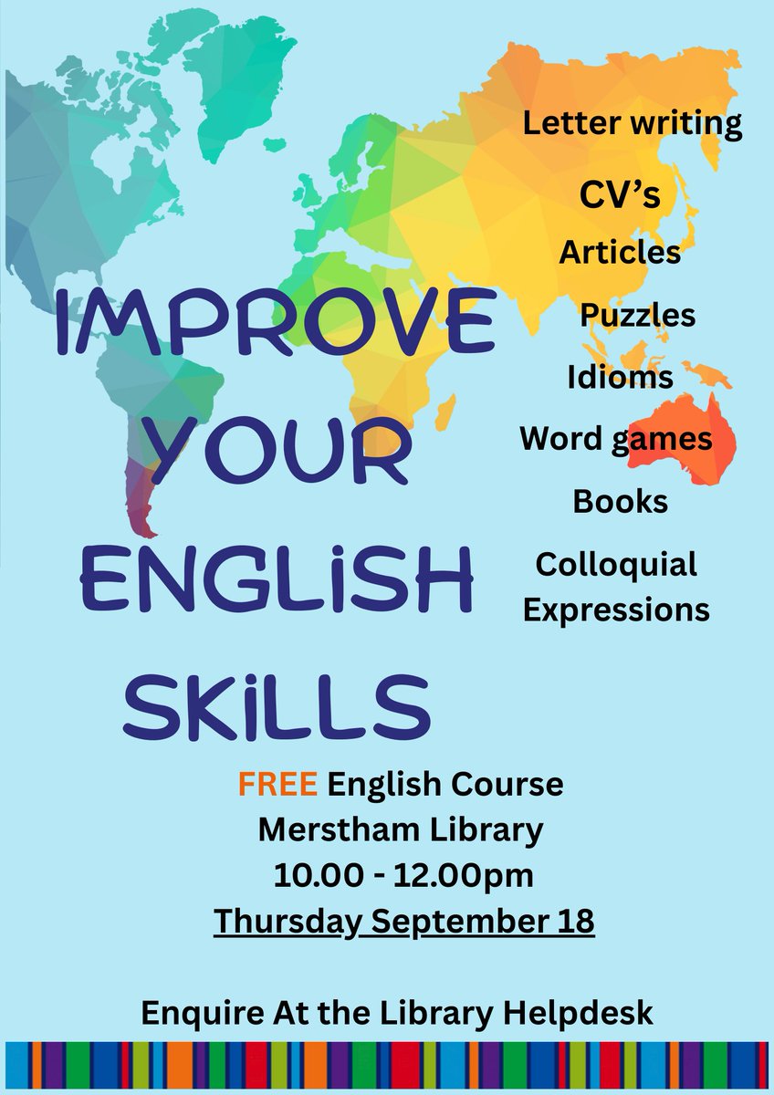 MersthamLibrary's tweet image. Do you know someone who could use support to read or write a document, paper or book Help is at Hand with our new FREE English Skills Group Every Thursday 10-12pm All abilities welcome #LearnEnglish #ESOL