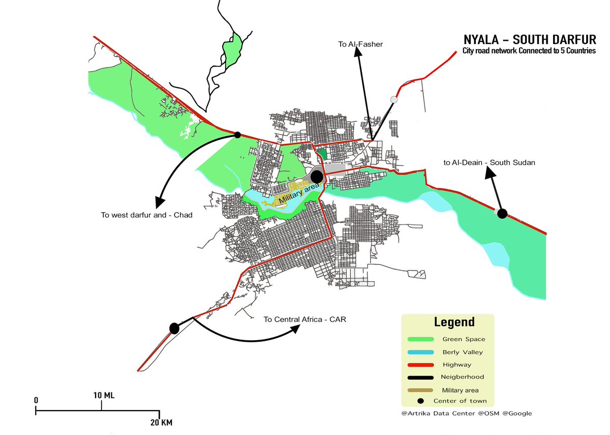 Nyala South Darfur considered as large town in darfur it has railway connected to Khartoum and port-sudan, also the highway connected to several cross country South Sudan, Central African, Chad and other way to North darfur witch is connect to other two country Egypt , Libya.