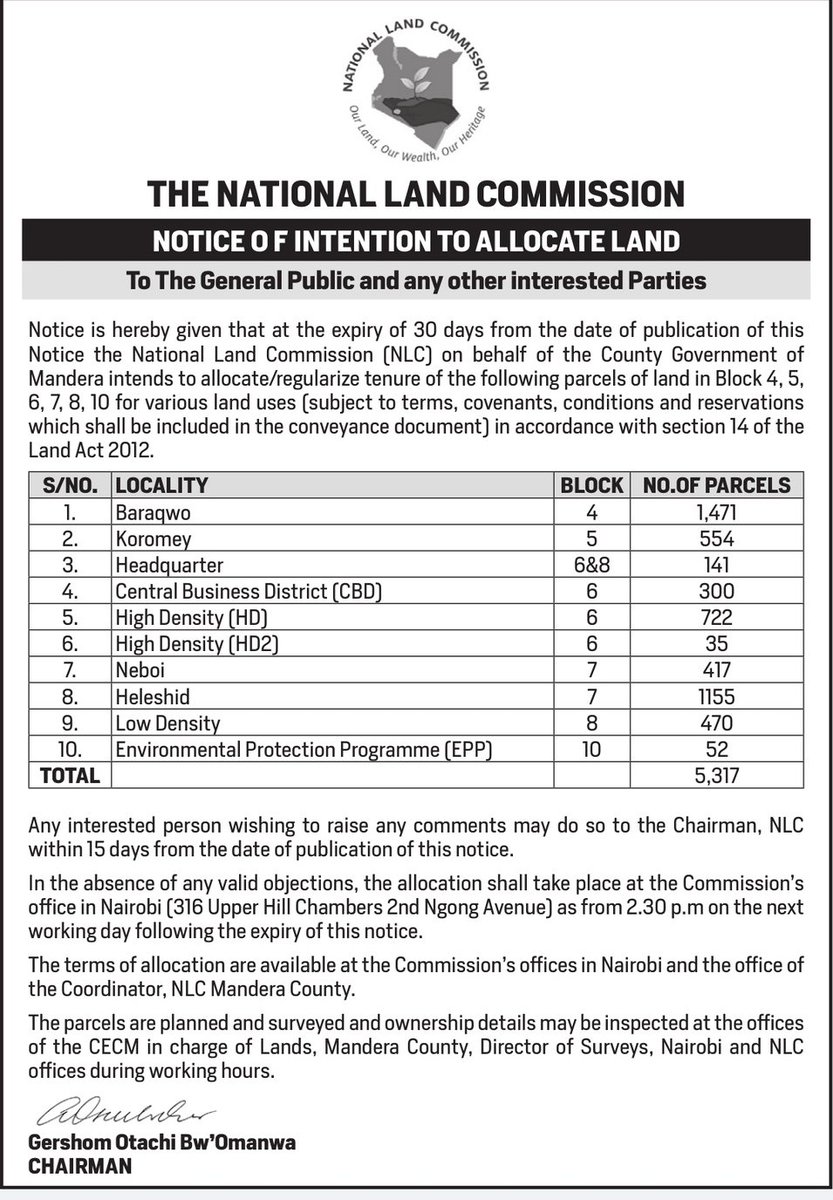 NLC_Kenya's tweet image. NOTICE OF INTENTION TO ALLOCATE LAND