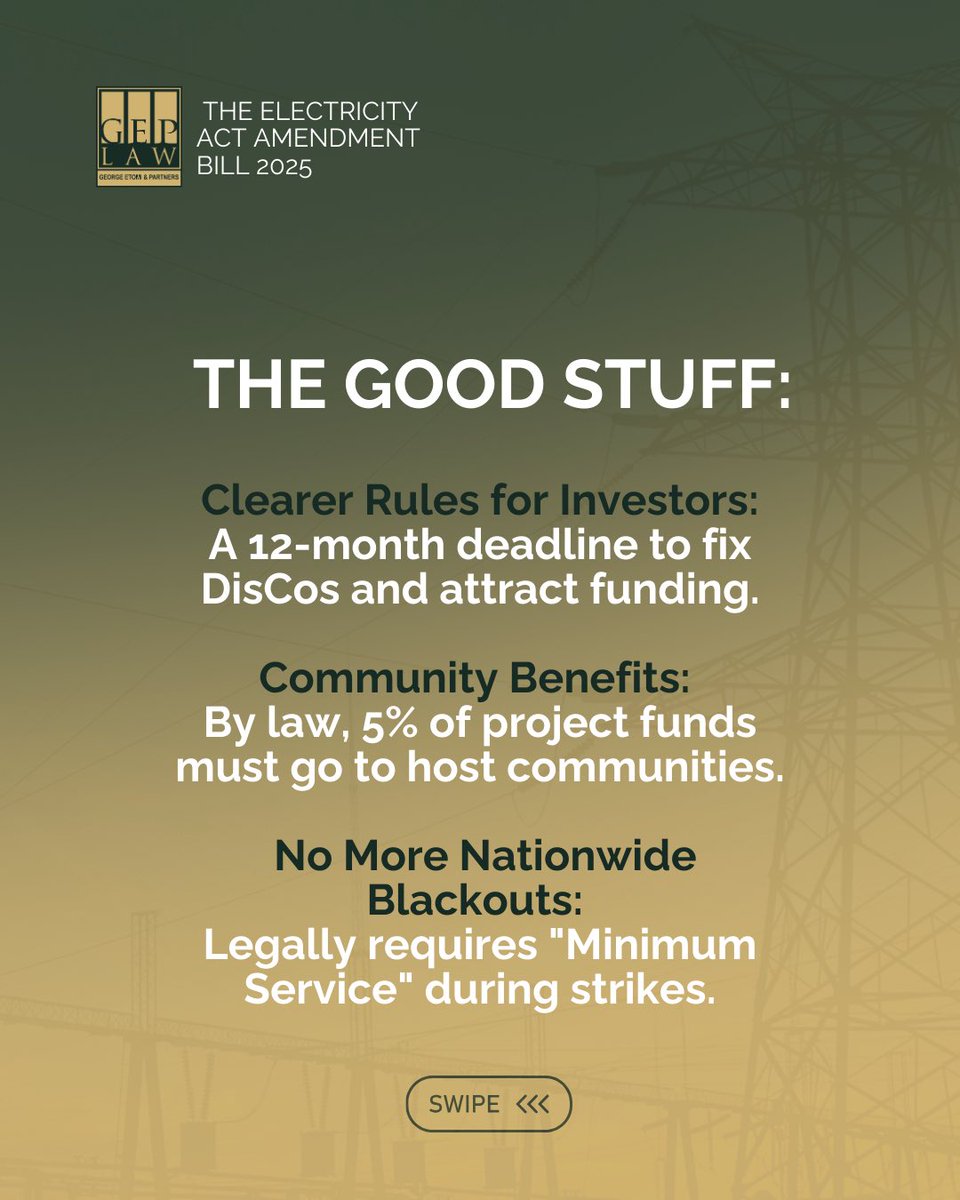 Geplaw's tweet photo. Our team at George Etomi & Partners conducted a comprehensive review of the Electricity Acts 2025, which seeks to unlock opportunities for investment and community engagement, while also spotlighting concerns around regulatory centralisation and fiscal risks.
#GEPLaw https://t.co/8y9dVW6Uyb