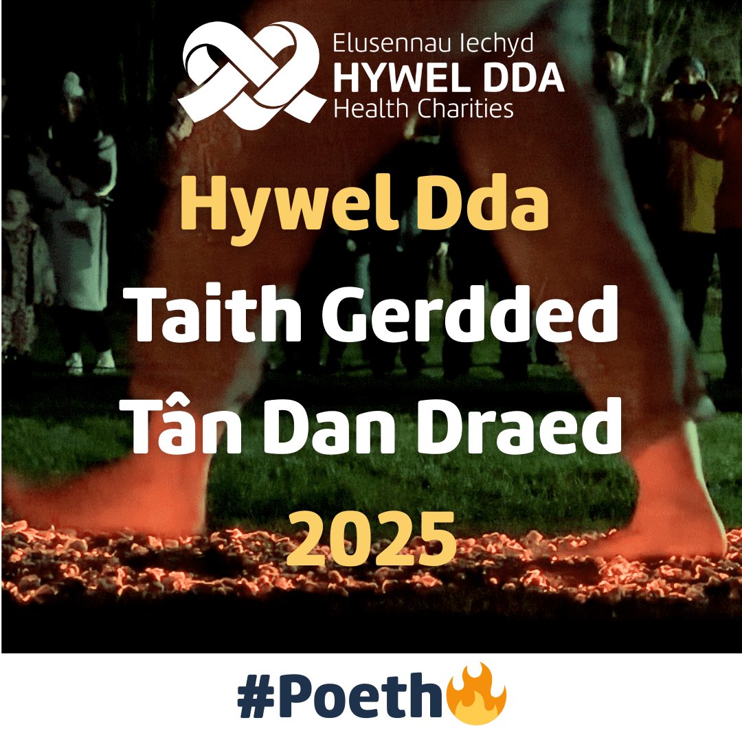 🔥Ydych chi’n ddigon dewr i gerdded ar dân?

Ymunwch â'r #TânDanDraedHywelDda yn Ysbyty #Glangwili ar 25 Hydref 2025!

👣5m o gols 800°C 
 💚Codi arian ar gyfer eich GIG lleol
 🎟️Cofrestru £15 + targed codi arian £85
Cofrestru: elusennauiechydhyweldda.gig.cymru/ymgyrchoedd-a-…

#EichElusenGIG💚 #Poeth🔥