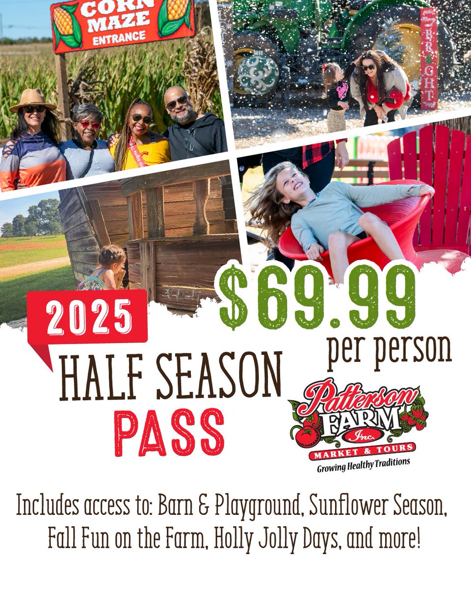 🎟️ Why stop at just one visit when you can enjoy the whole season? Our Half Season Pass: Fall gives you unlimited fun through our fall and winter season— from the sunflower fields to the pumpkin patch and everything in between. 

visitpattersonfarm.com/plan-your-visi…