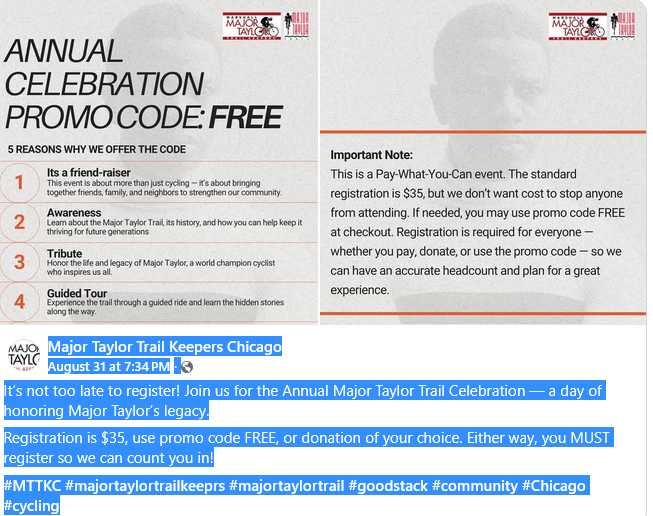 You can still sign up for tomorrow's Major Taylor celebration ride. Please sign up and tell your friends. #bikechi

Info/registration link here: active.com/chicago-il/cyc…