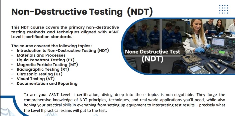 essambahgatezza's tweet image. تعلن شركة knowledgewave عن بدء كورس NDT للمستوى الثانى المعتمد من ASNT الدولية عن بداية الكورس يوم 10 سبتمبر  بنظام اونلاين   . سعر الكورس  ٥٠٠ دولار شاملة  الماتيريال  وتوصيل  الشهادات  
للتواصل 
00201097261309
Theknowledgewave.com
info@theknowledgewave.com