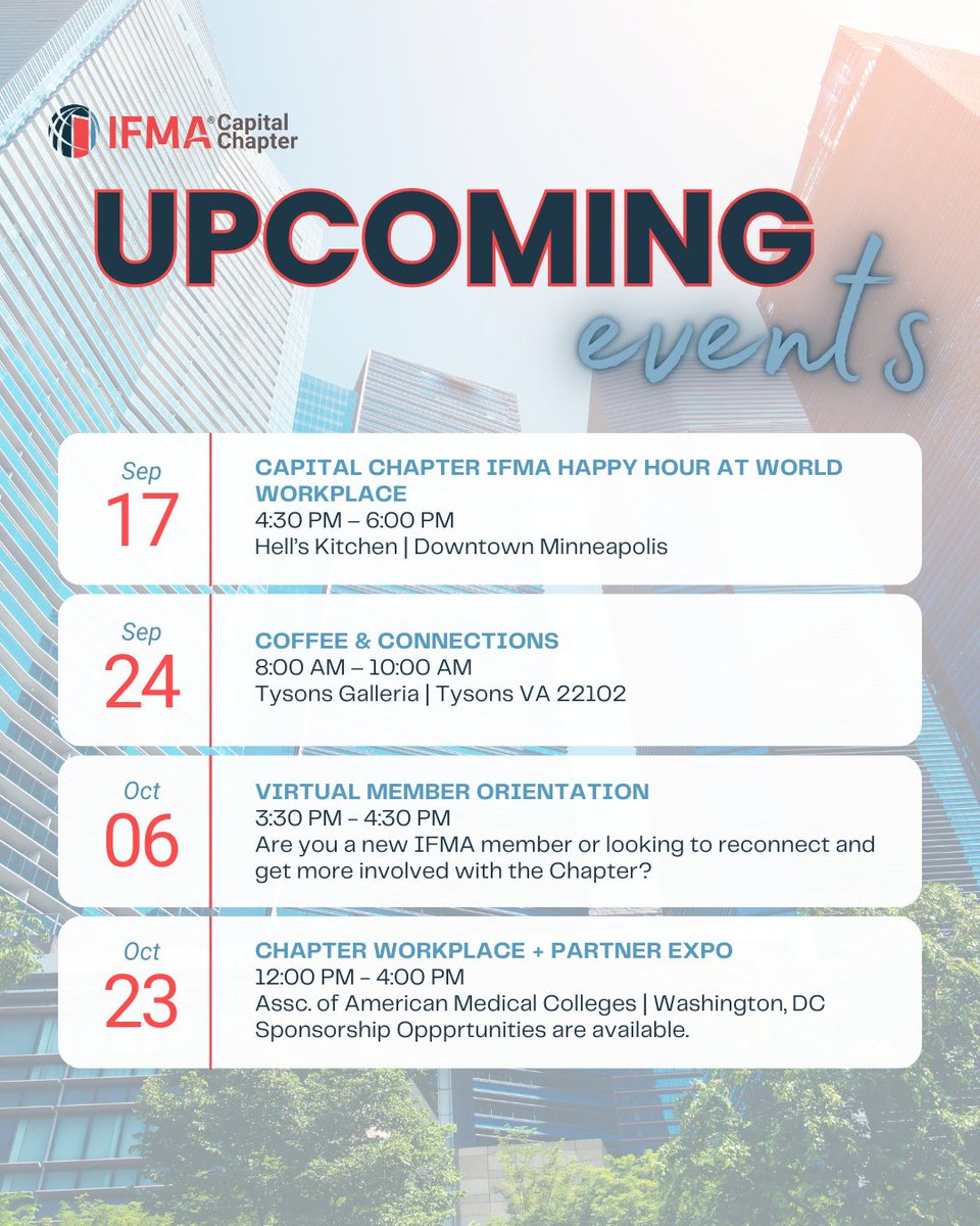 Ready to network and grow? We have some exciting events coming up! Discover new insights and build valuable connections in the FM industry. Learn more here: ifmacap.starchapter.com/meetinginfo.php
#FMProfessionals #CapitalChapter #GetConnected #CCIFMA