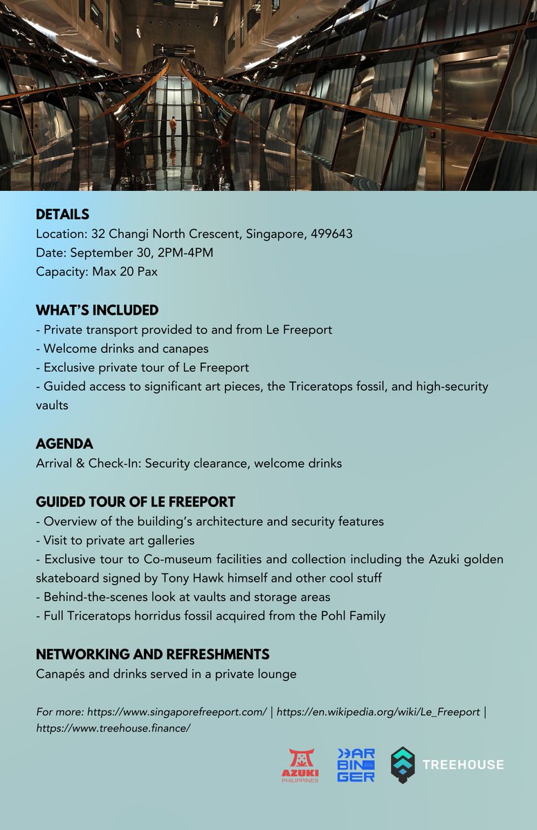 Token 2049 SG just got a bit more exciting :)

<a href="/AzukiPh/">Azuki Philippines</a> and <a href="/HarbingerDigAdv/">Harbinger Digital Advisors</a> will be co-hosting with <a href="/TreehouseFi/">Treehouse</a> a very special small group experience - a private tour of Le Freeport Singapore.

"Asia's Fort Knox" is a maximum security facility that houses the highest value art,