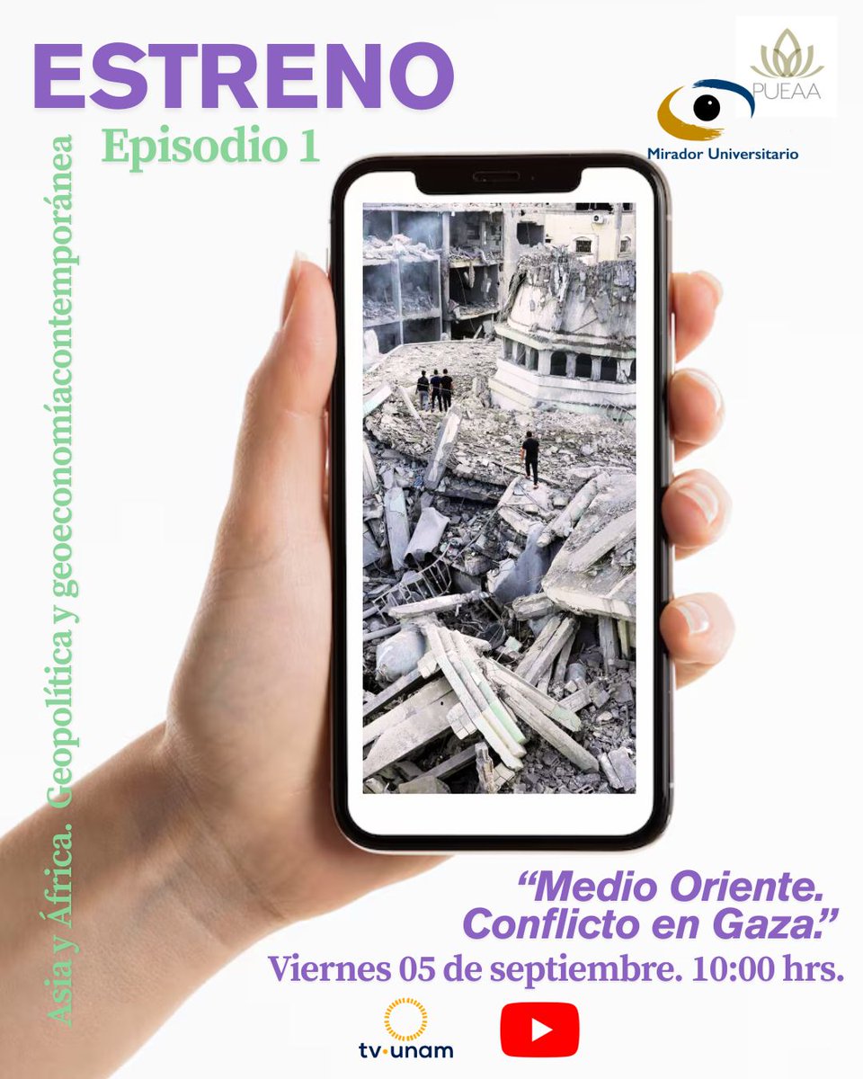 ¡Es hoy!
El primer episodio de la serie "Asia y África. Geopolítica y Geoeconomía contemporánea" del Mirador Universitario explorará la situación actual en #Gaza y contará con la participación de <a href="/mcrosasg/">María Cristina Rosas</a>, <a href="/Moises_Garduno/">Moisés Garduño García 📚🖊</a> y <a href="/ALICIAGIRON3/">ALICIA GIRON</a> 
⏰ 10 hrs
📺 <a href="/tvunam/">TV UNAM</a>