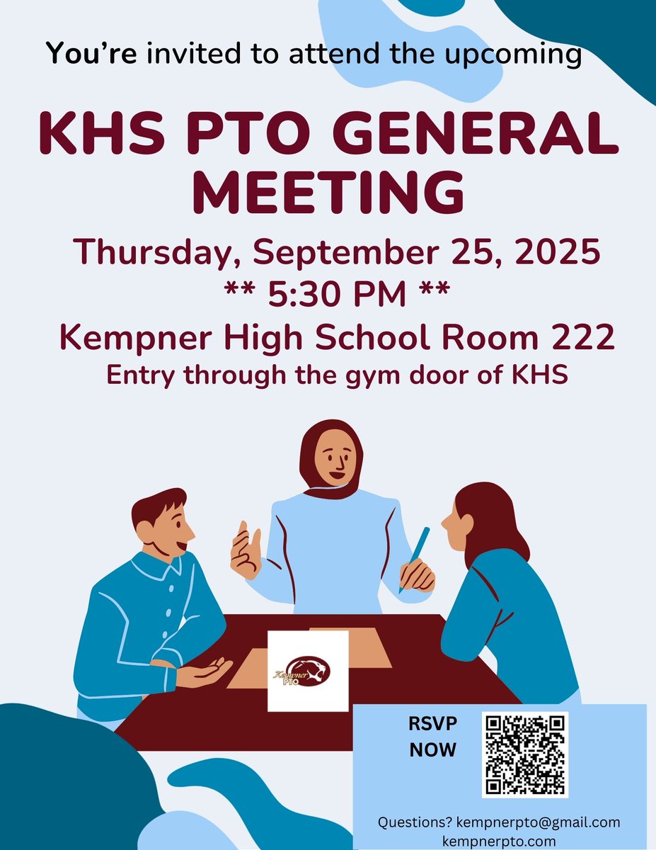 Join us at the Kempner High School PTO meeting.   RSVP is in the QR code or
signupgenius.com/.../10C0A4DA4A…...