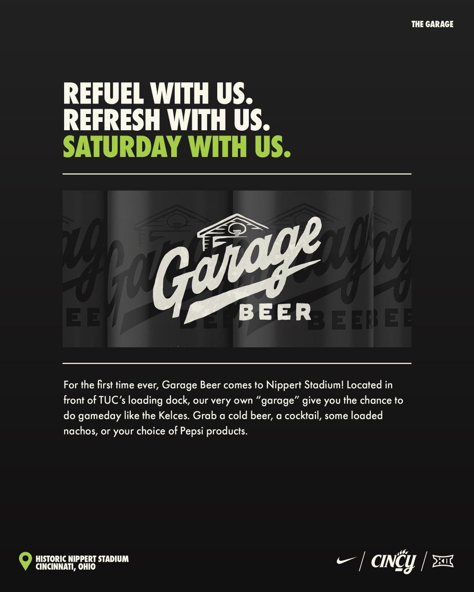 Cincinnati Bearcats (@gobearcats) on Twitter photo For the first time ever, <a href="/drinkgaragebeer/">Garage Beer</a> is coming to Nippert Stadium. Now YOU can do gameday like <a href="/JasonKelce/">Jason Kelce</a>.*
*Please cheer responsibly. ๐
๐๏ธ: cpaw.io/fb25st For the first time ever, <a href="/drinkgaragebeer/">Garage Beer</a> is coming to Nippert Stadium. Now YOU can do gameday like <a href="/JasonKelce/">Jason Kelce</a>.*
*Please cheer responsibly. ๐
๐๏ธ: cpaw.io/fb25st
