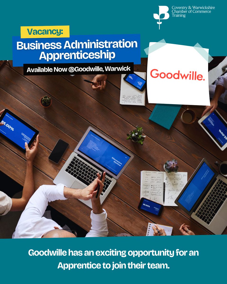 APPRENTICESHIP VACANCY | 📢 Level 3 Business Administration Apprenticeship Opportunity!

Goodwille Limited is looking for a Business Administration Apprentice to join their friendly team in Warwick.

📞 Call 024 7623 1122 or
📧 Email Lumb.k@cw-chambertraining.co.uk to apply.