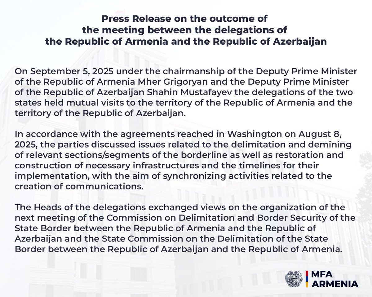 MFA of Armenia🇦🇲 (@mfaofarmenia) on Twitter photo Press Release ⤵️
on the outcome of the meeting between the delegations of the Republic of #Armenia & the Republic of #Azerbaijan Press Release ⤵️
on the outcome of the meeting between the delegations of the Republic of #Armenia & the Republic of #Azerbaijan