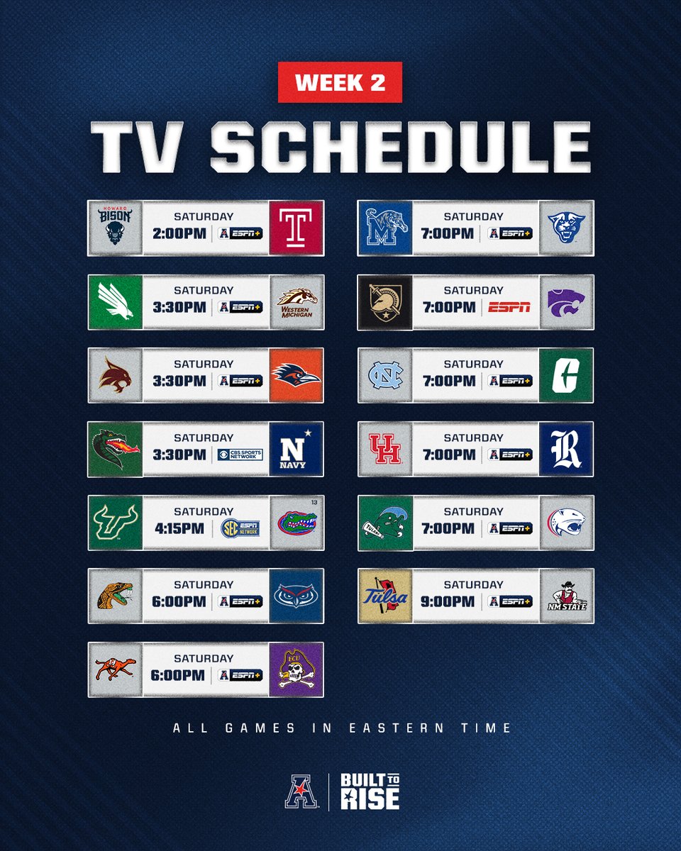 American_Conf's tweet photo. Week 2 slate🔜🏈
#BuiltToRise x #AmericanFB https://t.co/KQp5PWy0hp