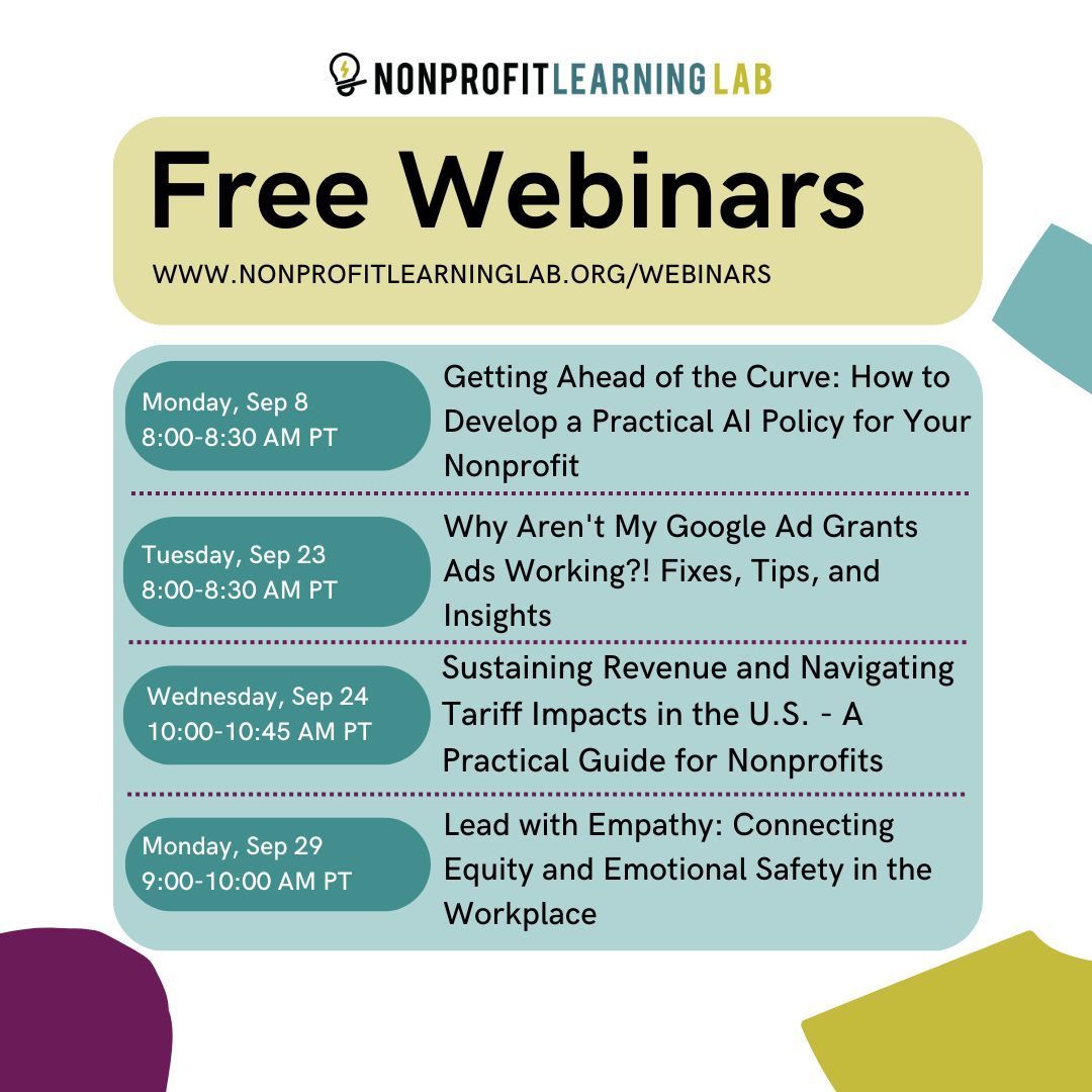 ecojobsource's tweet image. Check out @nonprofitll‘s FREE webinars happening all throughout this month! From AI policy to Google ad grants, discover the tools you need for success.

Register at: buff.ly/lOgOk61

#freewebinars #freeworkshops #freeclasses