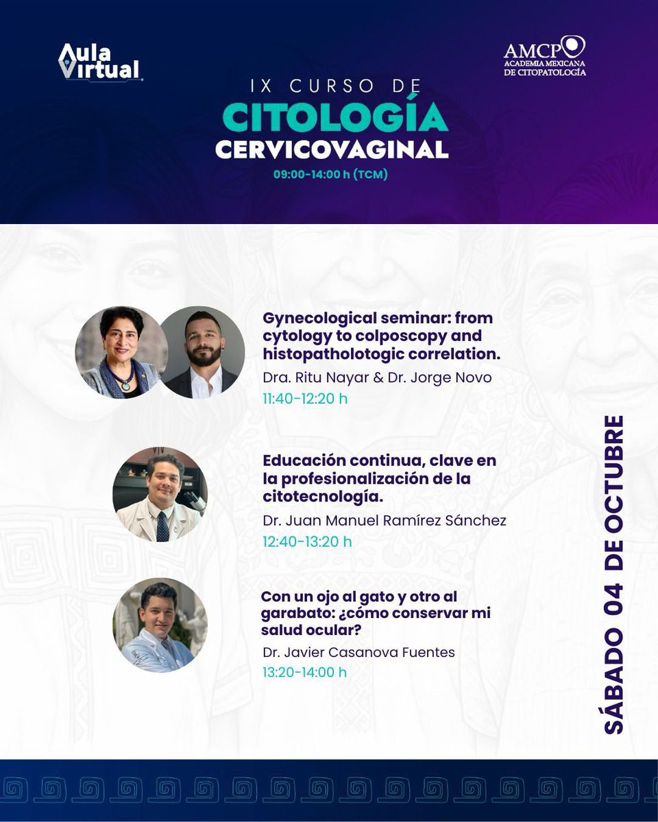 Irmajaimeth1's tweet photo. Se parte de la IX Edición del Curso de citología cervicovaginal de Aula Virtual, avalado por la Academia Mexicana de Citopatología. Realiza tu registro e inscripción en la siguiente liga: 
https://t.co/Nr7sKECSzN https://t.co/g7xVQPpph2