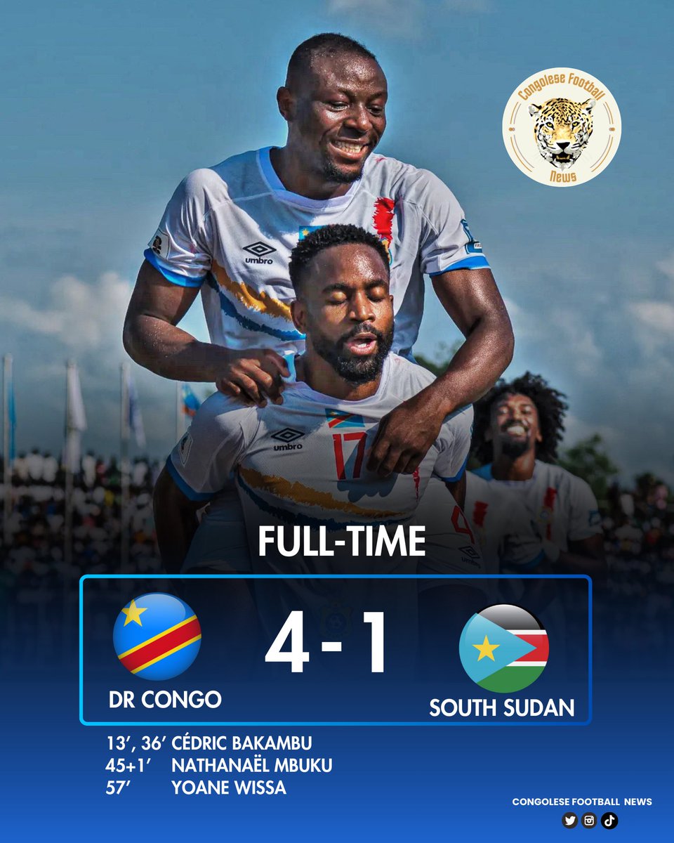 CongoleseFNews's tweet photo. 𝗙𝗜𝗡 𝗗𝗨 𝗠𝗔𝗧𝗖𝗛 !
La RDC 🇨🇩 s’impose (4-1) face au Soudan du Sud 🇸🇸 !
Les buts ont inscrit par Cédric Bakambu (x2), Nathanaël Mbuku, Yoane Wissa !
#RDC #SSDRDC #SSDCOD #WCQ2026 https://t.co/QWy4zYWeyy