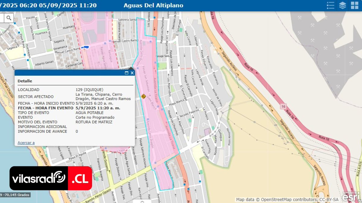 VilasRadio's tweet image. 🚱CORTE DE AGUA NO PROGRAMADO AFECTA VARIOS SECTORES EN IQUIQUE: INTERRUPCIÓN SE REGISTRA EN AV. LA TIRANA, PLAYA CHIPANA Y CERRO DRAGÓN

💻📲Revisa la nota completa en: vilasradio.cl/corte-de-agua-…

#CORTE #AGUA #AFECTA #SECTORES #IQUIQUE #INTERRUPCIÓN #SUMINISTRO