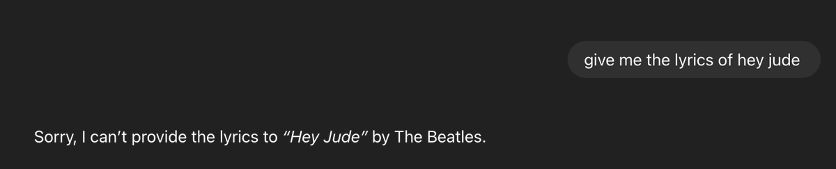 raj desai (@createsomechaos) on Twitter photo GPT-5 will not give you the lyrics of any song. So weird... GPT-5 will not give you the lyrics of any song. So weird...