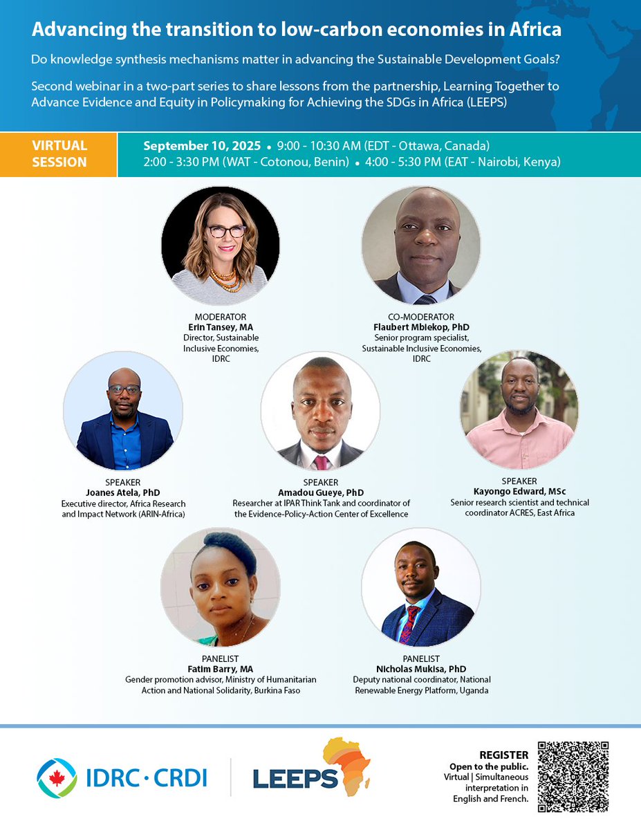 IDRC_CRDI's tweet image. 📅 Save the date! September 10

Join a webinar on turning evidence into action for better policymaking in #Africa and #LowCarbonEconomy.

🔗 Register and learn more about #LEEPS: bit.ly/46ocfyI
