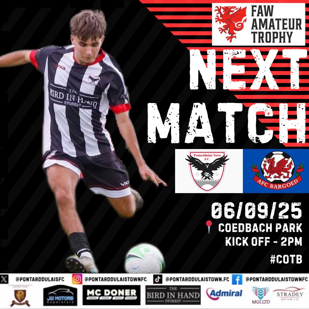 PontarddulaisFC's tweet photo. It's cup action for the Men's First Team this weekend. We welcome @ABargoed to Coed Bach Park in the Dragon Signs Amateur Trophy. Kick off is 2pm. 
⚪⚫ #COTB https://t.co/ANIzuiOMuJ