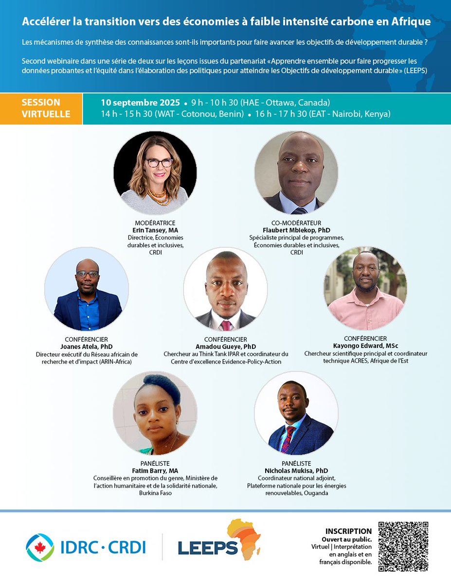 IDRC_CRDI's tweet image. 📅 Réservez la date du 10 septembre!
Participez à un webinaire sur la transformation des données en actions pour des politiques publiques plus efficaces en #Afrique et vers des économies à #FaibleCarbone.
🔗 Inscrivez-vous et découvrez l’initiative #LEEPS: bit.ly/47uXJq6