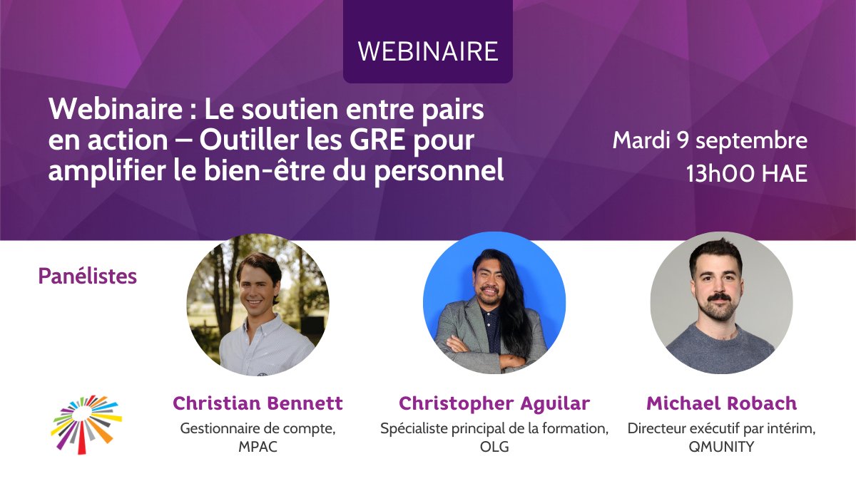 Rejoignez-nous en 9 septembre à 13h HAE pour un webinaire exclusif réservé aux partenaires. Venez apprendre auprès d’un panel de responsables de GRE qui maîtrisent le soutien entre pairs. 
ow.ly/il3450WPTKM

Ne manquez pas cette occasion d'accroître votre impact.
