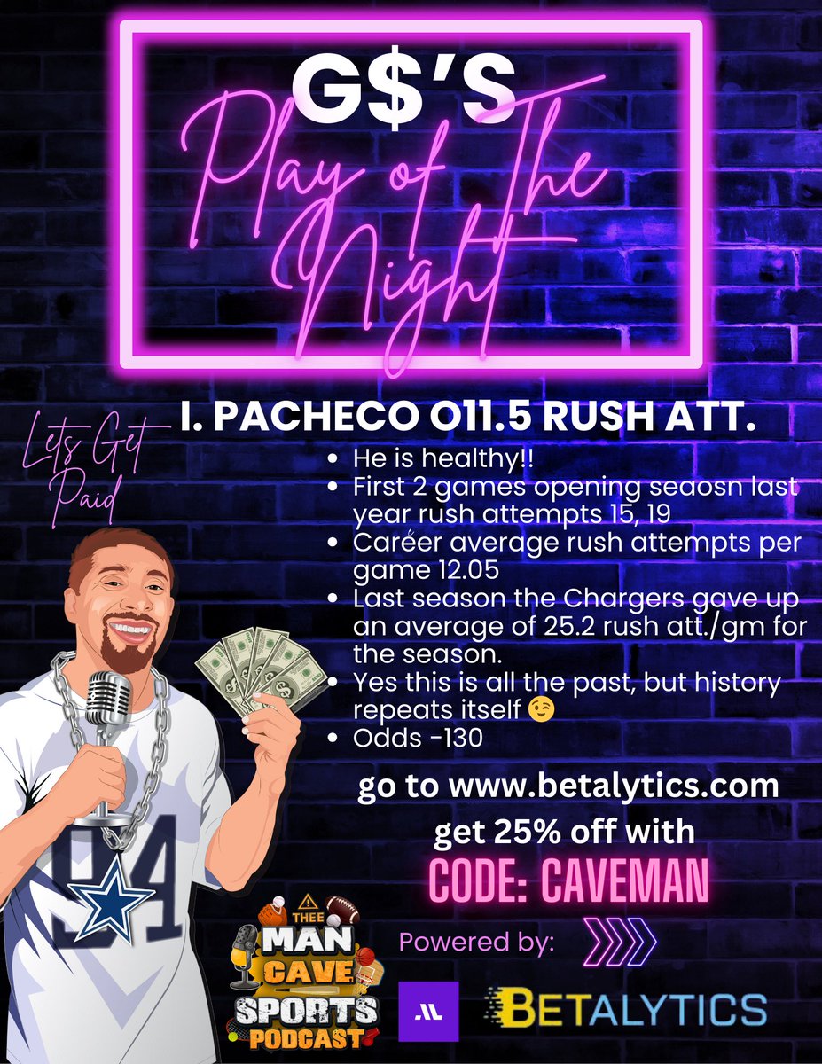 Let’s start today a little earlier so can get more winners out today💰 this is my #POTN Play of the Night. Graphics and all 🔥

Will have another <a href="/BetalyticsInc/">BetAlytics</a> money parlay like last night as well.

#NFL #ChiefsKingdom #Chargers #KCvsLAC #Brazil #FutbolAmericano