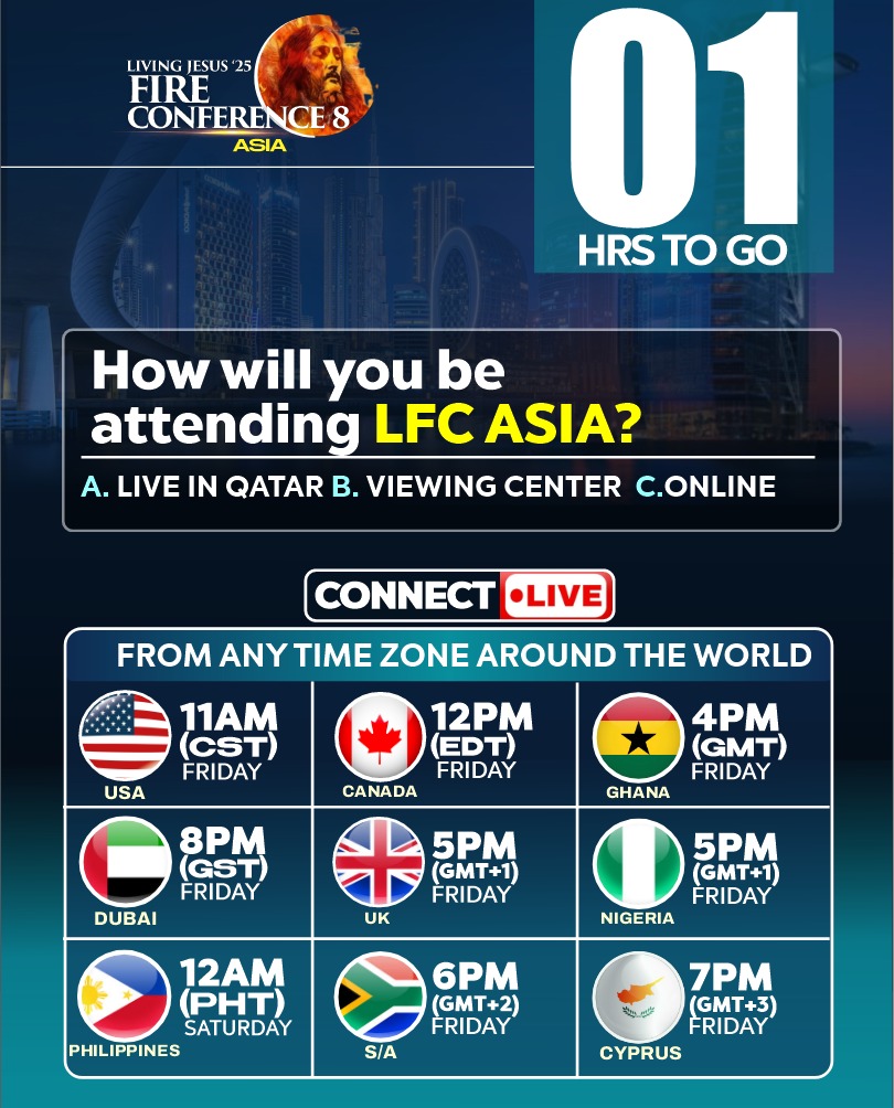 gospelhotspot0's tweet image. 🔥#1HOURTOGO - How will you be attending the Living Jesus Fire Conference, Asia?

1. Live In Qatar
2. At A Viewing Center
3. Connecting Online

#1HourToGo
#LFCAsia