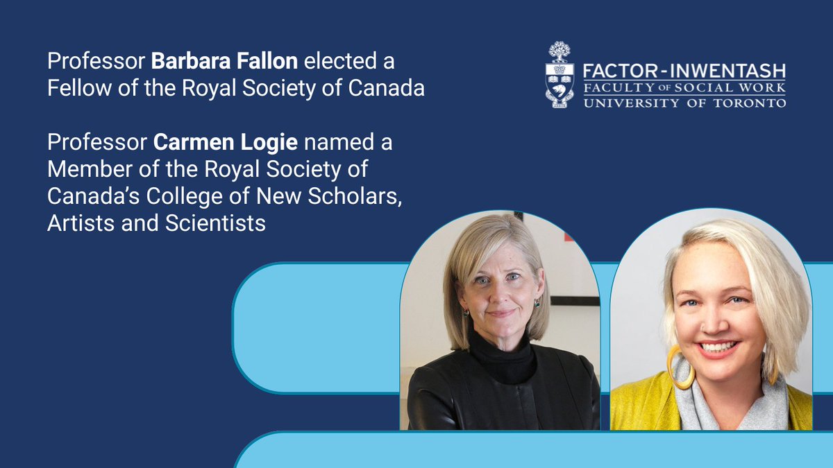 Congratulations to Professor Barbara Fallon on being elected a Fellow of the Royal Society of Canada and Professor Carmen Logie on being named a member of RSC's College of New Scholars, Artists and Scientists! socialwork.utoronto.ca/news/professor… #SocialWork #UofT #FIFSW