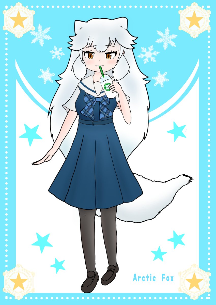 「ホッキョクギツネさんのセーラー学生服姿を描きました…!! skebリクエスト、ど」|🏝もかちーの🦊のイラスト