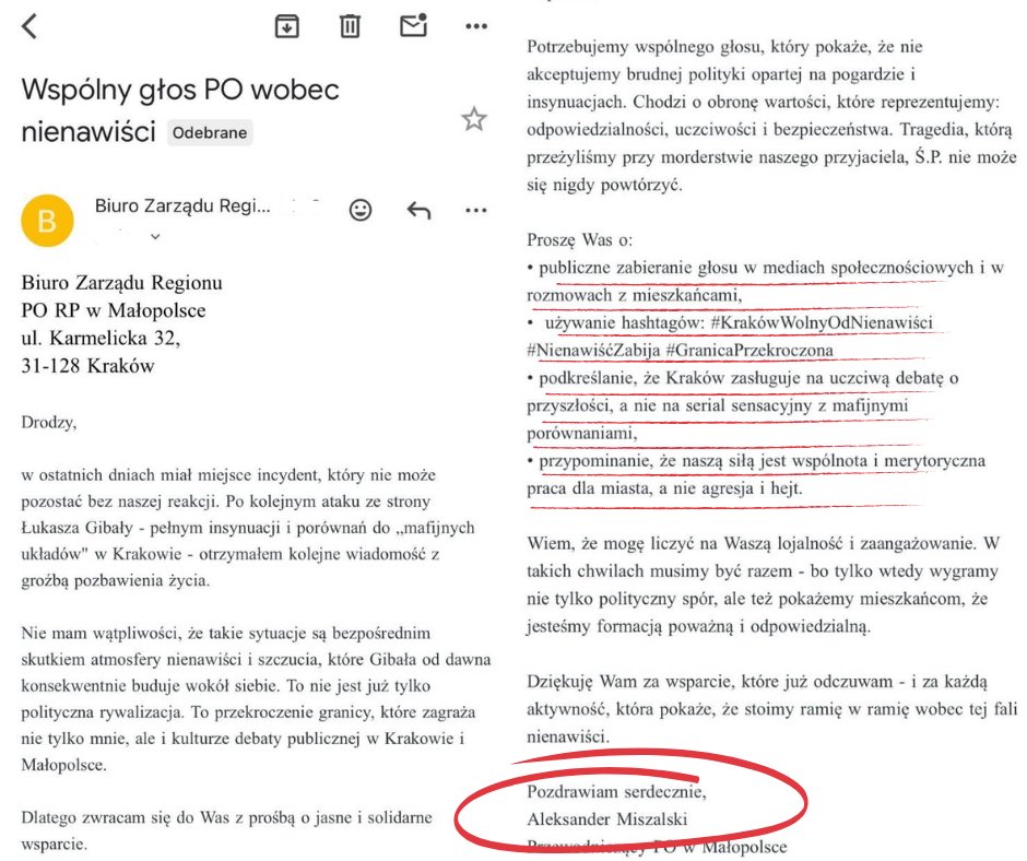 Prezydent Krakowa napisał maila do partyjnych działaczy jak… mają grać ofiary hejtu. 🤡

Aleksander Miszalski skarży się dziś na hejt. Wygląda to jak wołanie o pomoc przestraszonego i zaszczutego człowieka, ale tak naprawdę to zorganizowana przez <a href="/Platforma_org/">PlatformaObywatelska</a> akcja z podziałem
