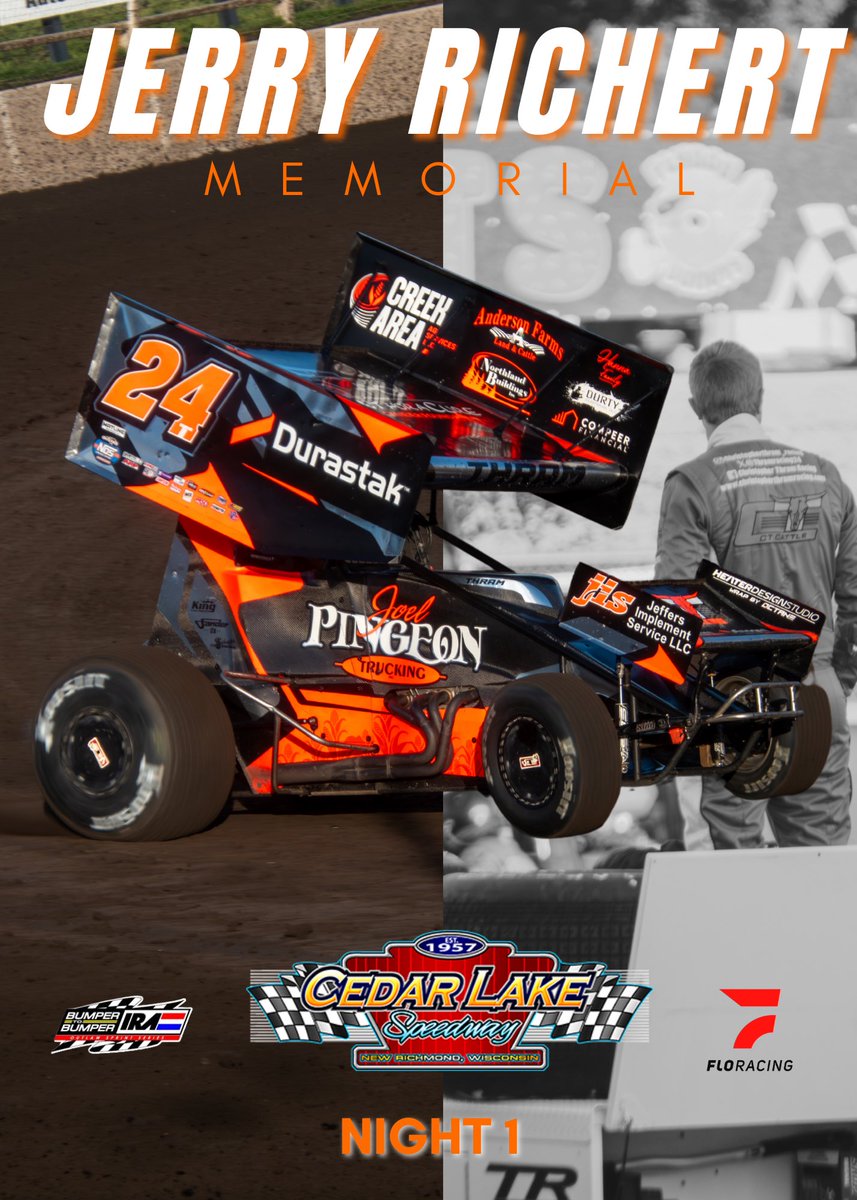 𝐉𝐄𝐑𝐑𝐘 𝐑𝐈𝐂𝐇𝐄𝐑𝐓 𝐌𝐄𝐌𝐎𝐑𝐈𝐀𝐋 𝐍𝐈𝐆𝐇𝐓 𝟏 🏁

📍: <a href="/racecedarlake/">Cedar Lake Speedway</a> 
🏎️: <a href="/IRA_sprints/">IRA Sprints</a> 
🎟️: At the Track
⏰: 6:30PM Hot Laps
📺: <a href="/FloRacing/">FloRacing</a> 
⏱️: <a href="/MyRacePass/">MyRacePass</a> 
📸: <a href="/jamesjungemann/">James Jungemann</a>
