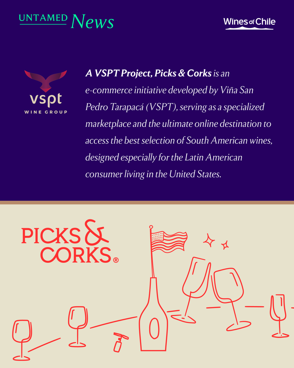 DrinkChile's tweet photo. Untamed News: Picks &amp; Corks, VSPT's new e-commerce site, connects Latin American consumers in the U.S. with wines from Chile and Argentina 🍷. A key step toward expanding Chilean wine's presence in North America.

#WinesOfChile #Picksandcorks #UntamedNews https://t.co/kLzwiXOZYW