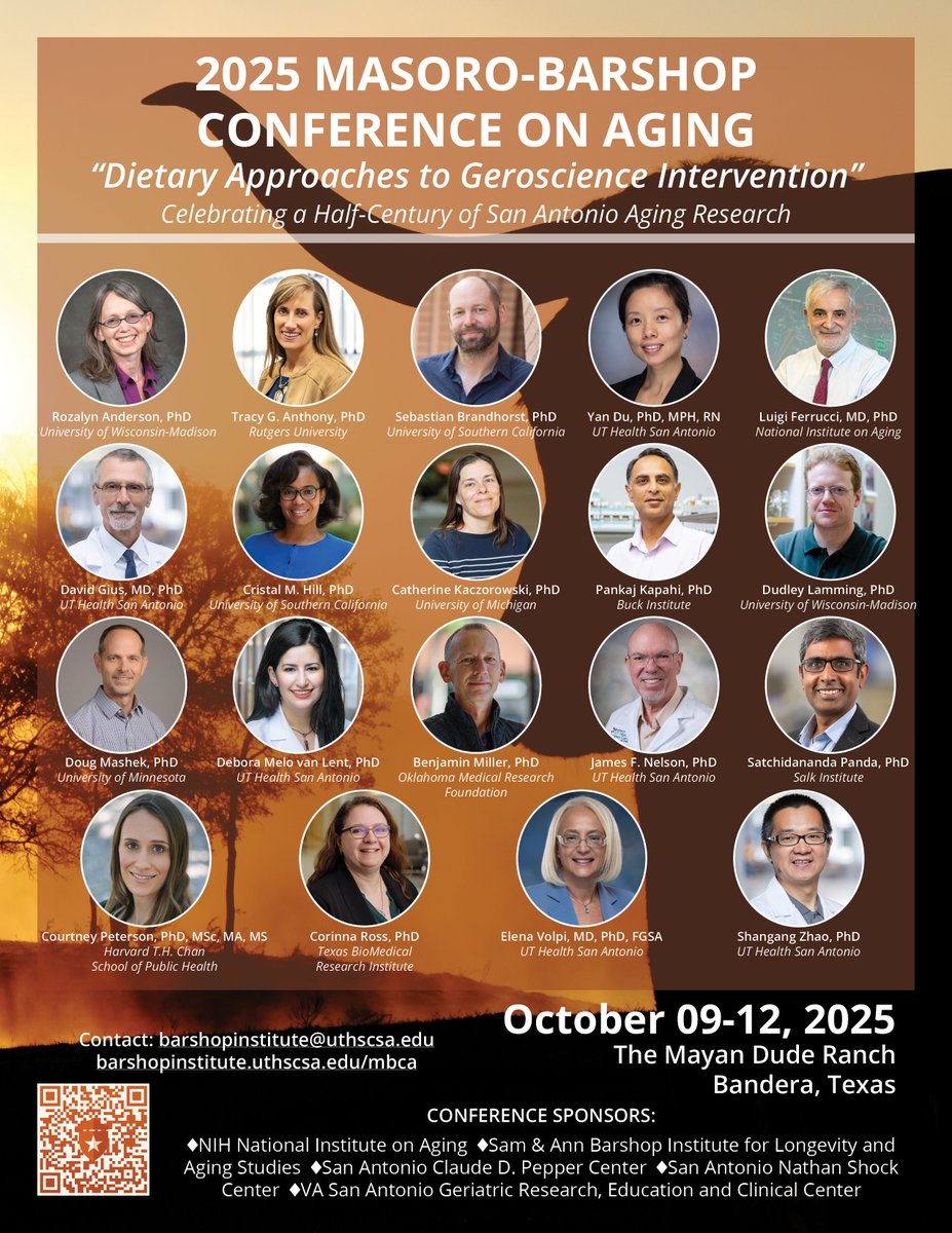 Sam & Ann Barshop Institute (@uthealthbarshop) on Twitter photo 🚨📣Registration and abstract submission closes today at 5pm. Don't delay and register now!
2025 Masoro-Barshop Conference on Aging
📅 Oct 9–12 | 📍Mayan Dude Ranch, Bandera, TX
Theme: "Dietary Approaches to Geroscience Intervention"
🔗: bit.ly/3UG2bew 🚨📣Registration and abstract submission closes today at 5pm. Don't delay and register now!
2025 Masoro-Barshop Conference on Aging
📅 Oct 9–12 | 📍Mayan Dude Ranch, Bandera, TX
Theme: "Dietary Approaches to Geroscience Intervention"
đź”—: bit.ly/3UG2bew