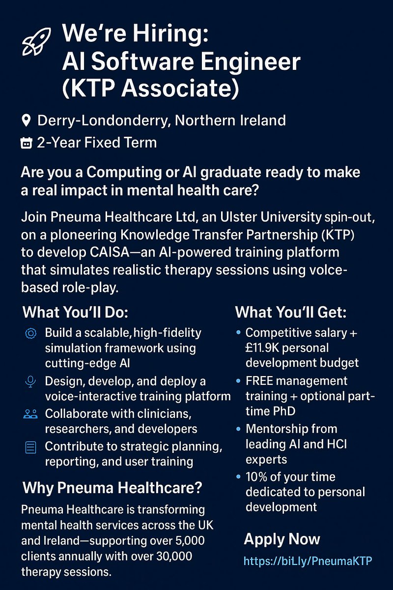 🚨 We're hiring an AI Software Engineer (KTP Associate)!
Join @PneumaHealth + <a href="/UlsterUni/">Ulster University</a> to build CAISA—an AI-powered training platform for mental health professionals.
💡 Cutting-edge tech
💰 £11.9K dev budget
📍 Derry~Londonderry
Apply before 25.09.25👉 bit.ly/PneumaKTP