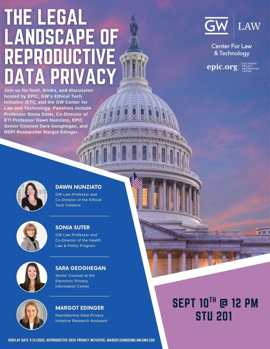 Join us for food, drinks, and a conversation that matters: 𝙏𝙝𝙚 𝙇𝙚𝙜𝙖𝙡 𝙇𝙖𝙣𝙙𝙨𝙘𝙖𝙥𝙚 𝙤𝙛 𝙍𝙚𝙥𝙧𝙤𝙙𝙪𝙘𝙩𝙞𝙫𝙚 𝘿𝙖𝙩𝙖 𝙋𝙧𝙞𝙫𝙖𝙘𝙮.

📅 Sept. 10 | 🕛 12 PM | 📍 STU 201