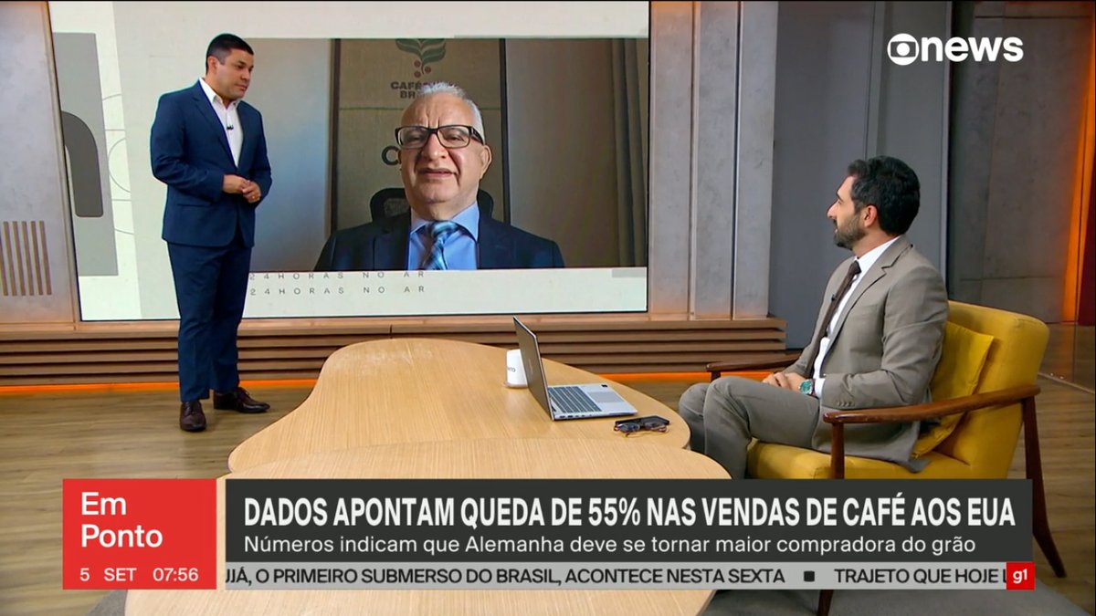 Dados apontam queda de cerca de 50% nas vendas de café aos EUA
— Números preliminares do Cecafé indicam que Alemanha deve se tornar, pontualmente, a maior compradora do grão em agosto de 2025. Presidente Márcio Ferreira analisa o cenário. Assista: g1.globo.com/globonews/cone….