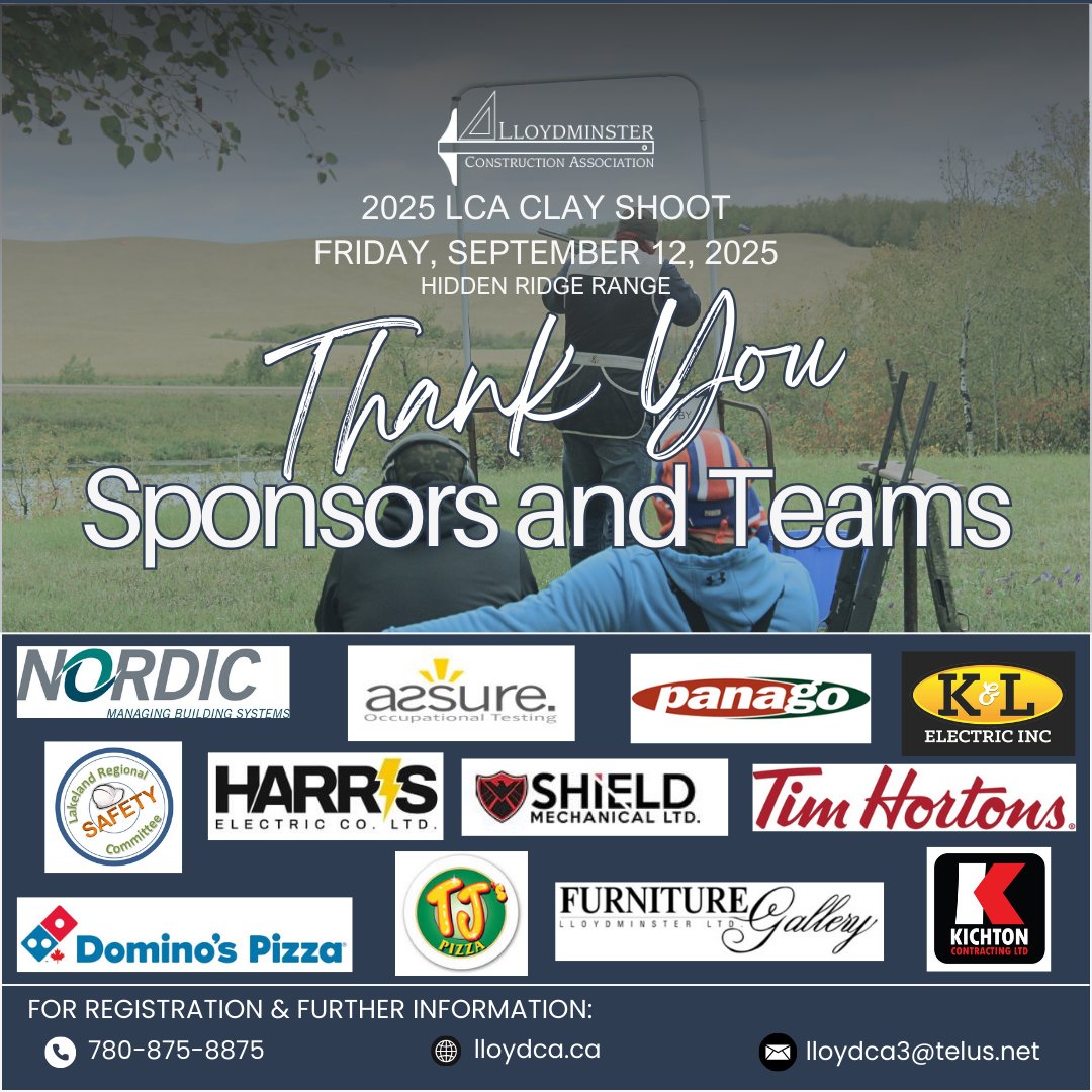 LCA Clay Shoot –Sept 12 @ Hidden Ridge Range! 
Huge thanks to our amazing sponsors!  A few last-minute team spots are still open don’t miss out - fun, food &amp; networking!  Register: lloydca.ca/events/ 780-875-8875 #LCAClayShoot #LloydminsterConstruction #NetworkingWithABang