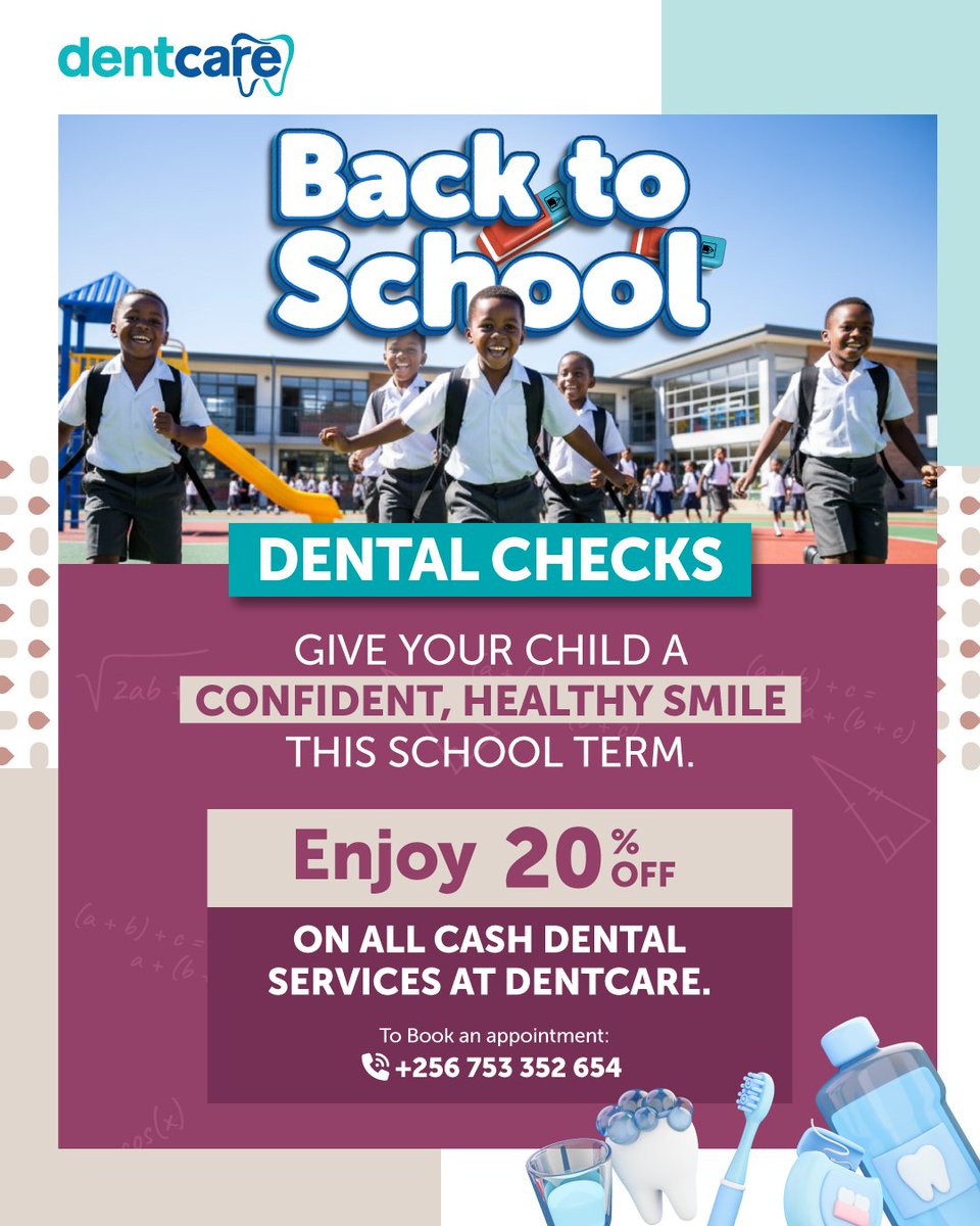 dentcareug's tweet photo. Back to School Dental Checks!

Start the term with a confident, healthy smile! Enjoy 20% OFF on all cash dental services at DentCare.

Call 0753 352 654 to book your appointment today.

#DentCare #HealthySmiles #BackToSchool https://t.co/2hYrZgDq1A
