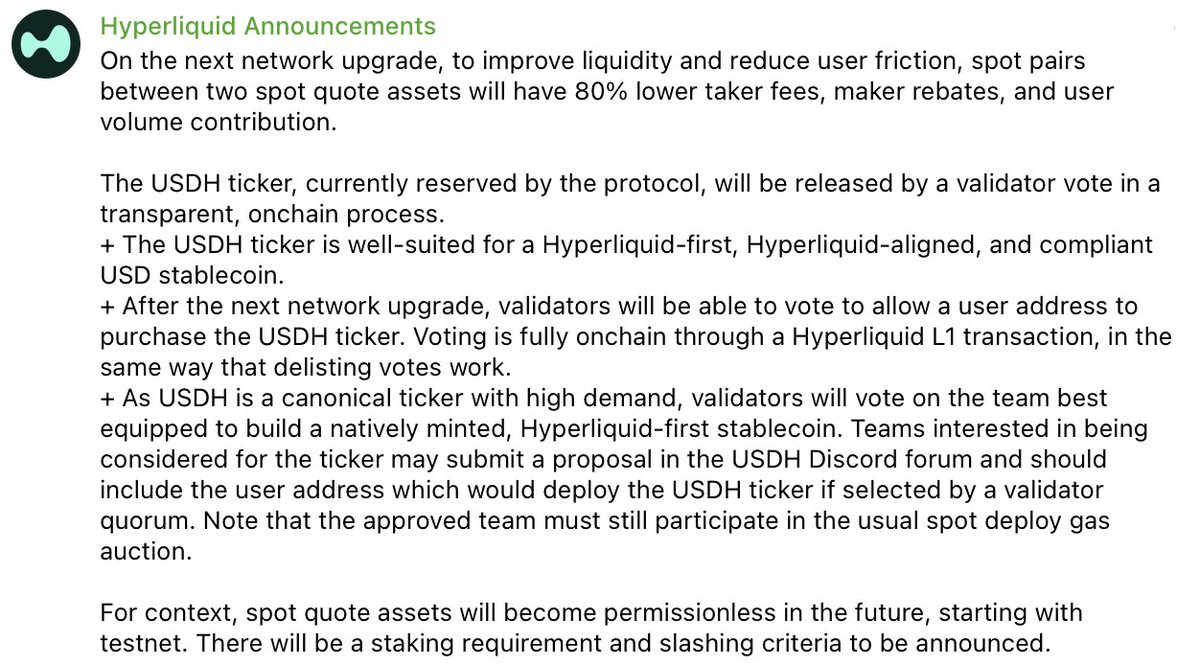 This is getting interesting. 

<a href="/HyperliquidX/">Hyperliquid</a> will let validators vote on the most qualified team to operate its new native and compliant USD stablecoin.

There will also be a staking requirement and slashing.