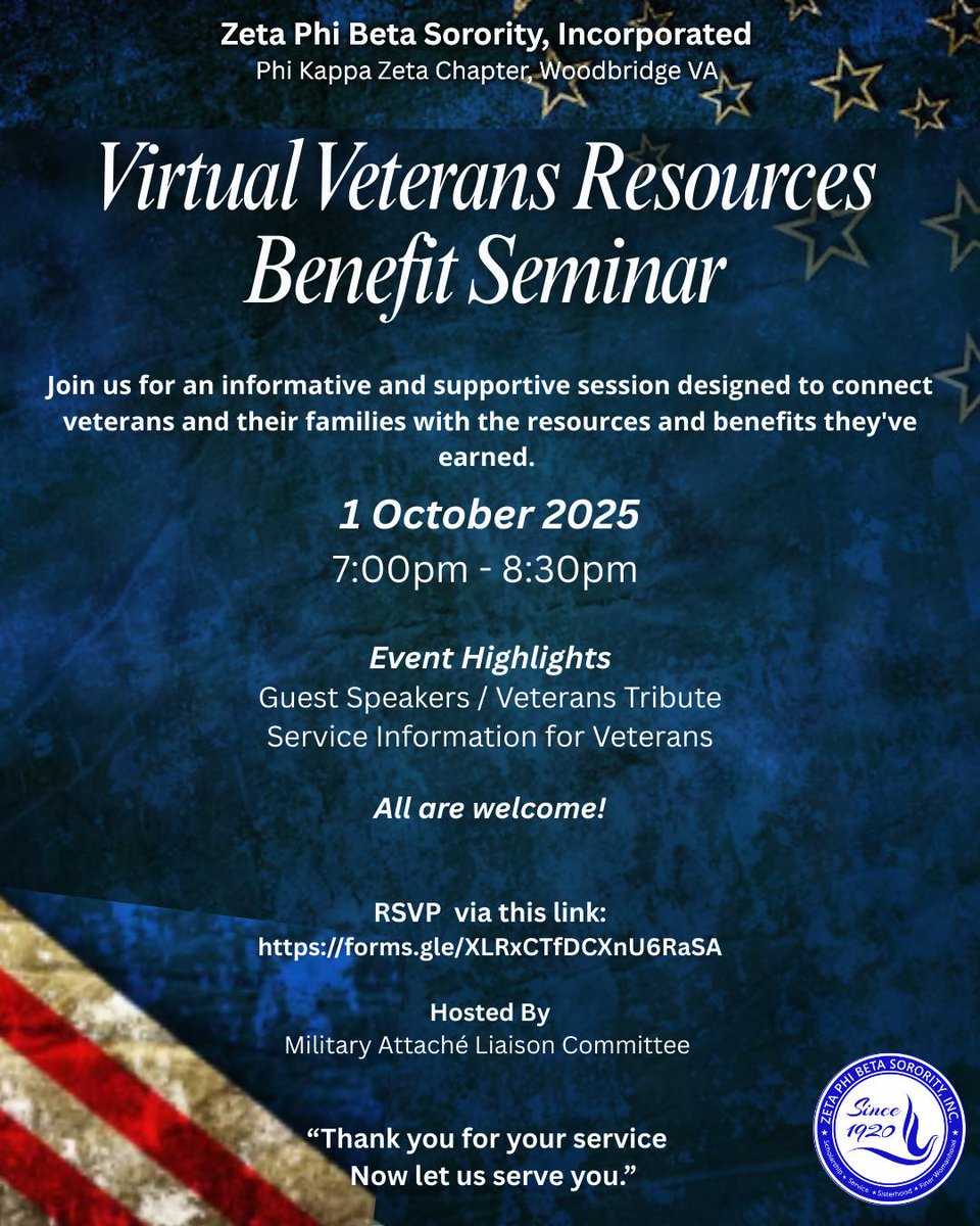 zphibpkz's tweet image. VETERANS &amp;amp; MILITARY FAMILIES!
Phi Kappa Zeta Chapter of Woodbridge is proud to present a Virtual Veterans Resource &amp;amp; Benefits Seminar

Date: 1 October 2025
Time: 7:00PM to 8:30 PM
Location: Virtual (Link provided via email)
Click Here to register:
forms.gle/XLRxCTfDCXnU6R…