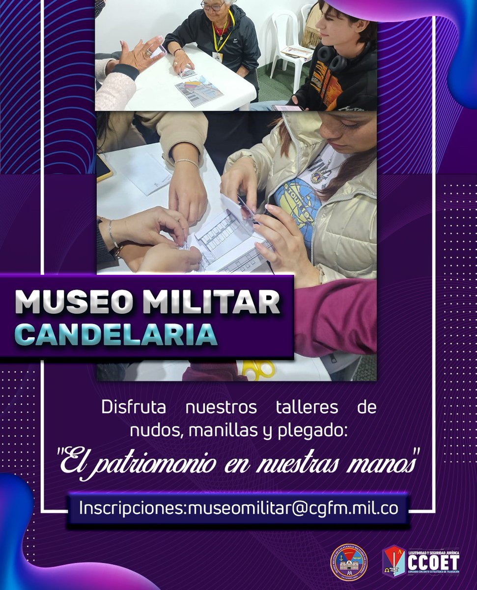 📢Construyamos hoy el patrimonio del mañana"
👐 Únete a nuestros talleres “El patrimonio en nuestras manos”: nudos, manillas y plegado para crear herencia cultural viva.
💬 Reflexionamos, creamos y compartimos saberes que nos conectan con nuestras raíces.
📍 ¡Participa!